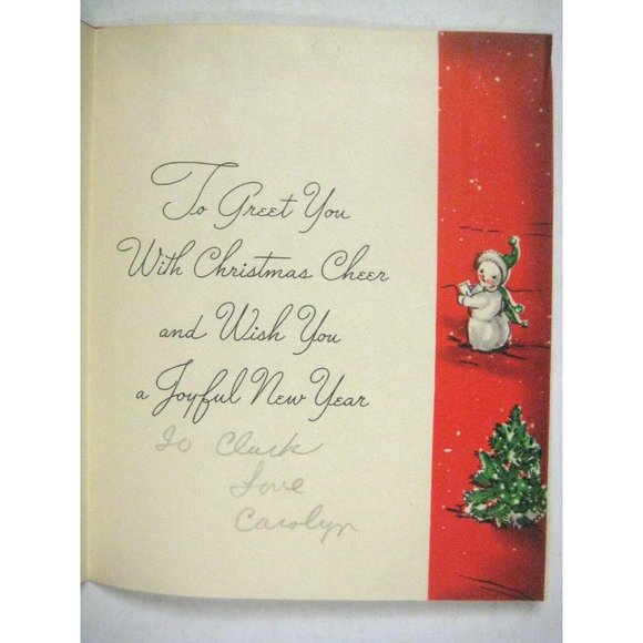 Merry Christmas Card 1949 Used USA Snowmen Snowwomen Sledding Trees USA - Picture 3 of 4